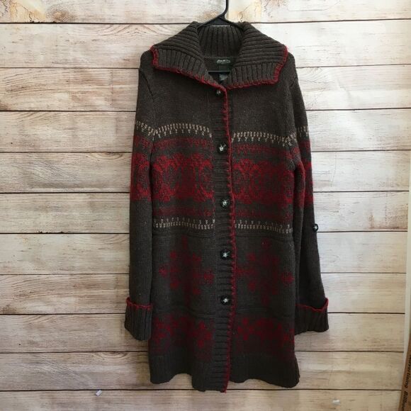 EDDIE BAUER WOOL BLEND LONG CARDIGAN SWEATER IN BROWN AND RED - Picture 1 of 6